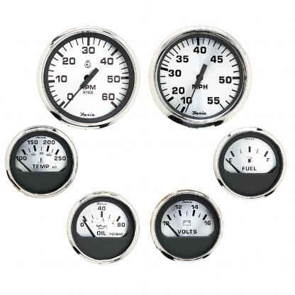 Faria Spun Silver Box Set of 6 Gauges f/ Inboard Engines - Speed, Tach, Voltmeter, Fuel Level, Water Temperature & Oil