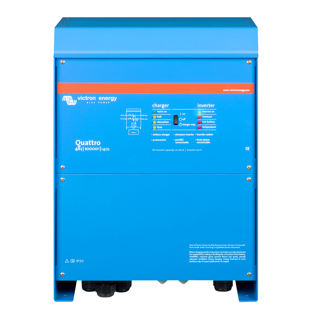 Victron Quattro Inverter/Charger 48 VDC - 10,000W - Dual 100AMP 120V AC Inputs - Auto Transfer Switch - 140AMP Battery Charger - Stackable Victron Quattro Inverter/Charger 48 VDC - 10,000W - Dual 100AMP 120V AC Inputs - Auto Transfer Switch - 140AMP Battery Charger - Stackable