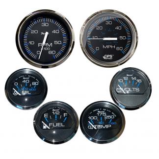 Faria Chesapeake Black w/Stainless Steel Bezel Boxed Set of 6 - Speed, Tach, Fuel Level, Voltmeter, Water Temperature & Oil PSI - Inboard Motors