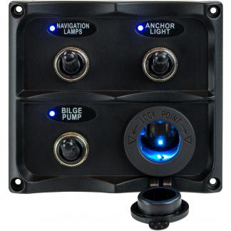Sea-Dog Water Resistant Toggle Switch Panel w/LED Power Socket - 3 Toggle