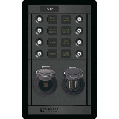 Blue Sea 1498 - 360 Panel - 8 Position 12V Panel w/Dual USB & 12V Socket